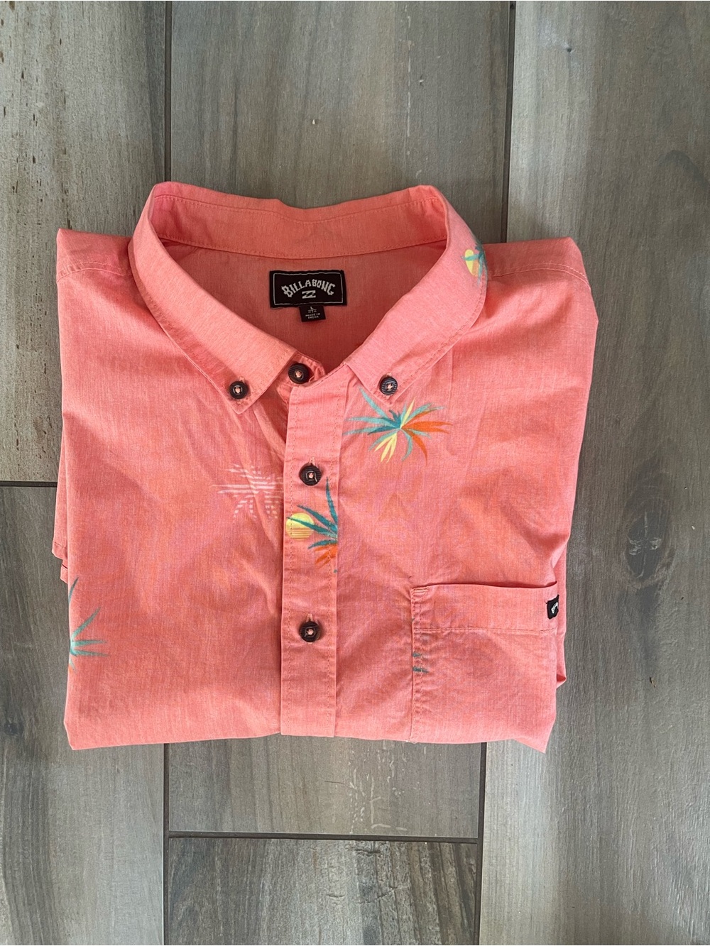 Billabong Coral Short-Sleeve Button-Down Shirt with Tropical Print salmon color